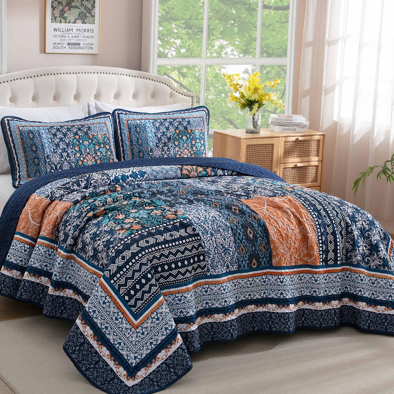 WONGS BEDDING طقم لحاف WONGS BEDDING باللون الأزرق الداكن مقاس كوين، طقم مفرش سرير بوهيمي مرقع، طقم مفارش سرير بنمط زهور قابلة للعكس لجميع المواسم (96 بوصة × 90 بوصة) - Image 2